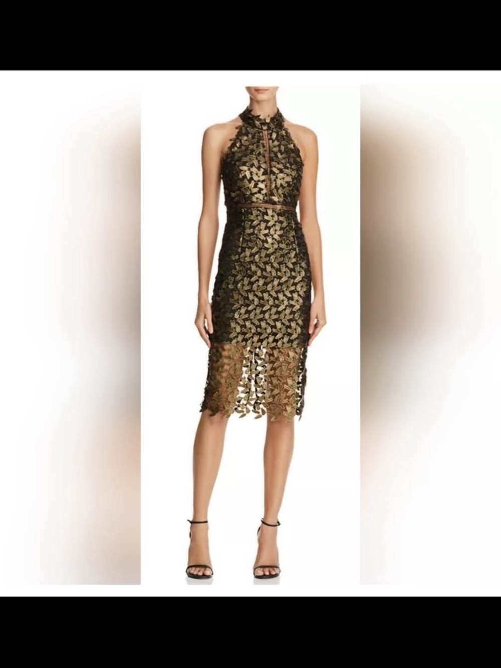Bardot Black and Gold Leaf Lace Midi Dress